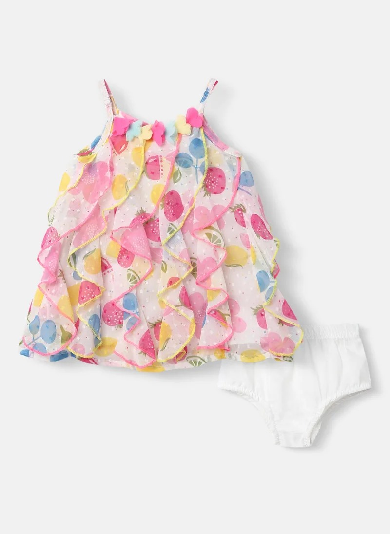 Nautinati Girls' Chiffon Ruffle All-over Strawberry, Mango, Blueberry & Floral Print A-line Dress with Swiss Dot Pattern